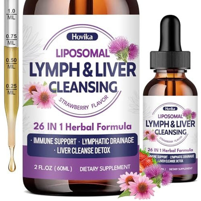Liposomale Lymphdrainage-Tropfen, 26-in-1 Leberreinigung & Entgiftung mit Mariendistel, Echinacea, Glutathion, Vitaminen – Lymph-Leber-Kur für Darm- und Stoffwechselgesundheit – Erdbeergeschmack, 60 ml