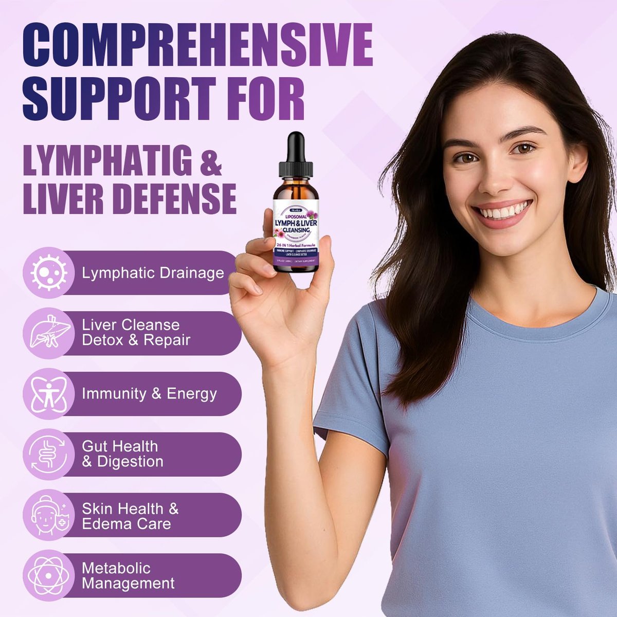 Liposomale Lymphdrainage-Tropfen, 26-in-1 Leberreinigung & Entgiftung mit Mariendistel, Echinacea, Glutathion, Vitaminen – Lymph-Leber-Kur für Darm- und Stoffwechselgesundheit – Erdbeergeschmack, 60 ml