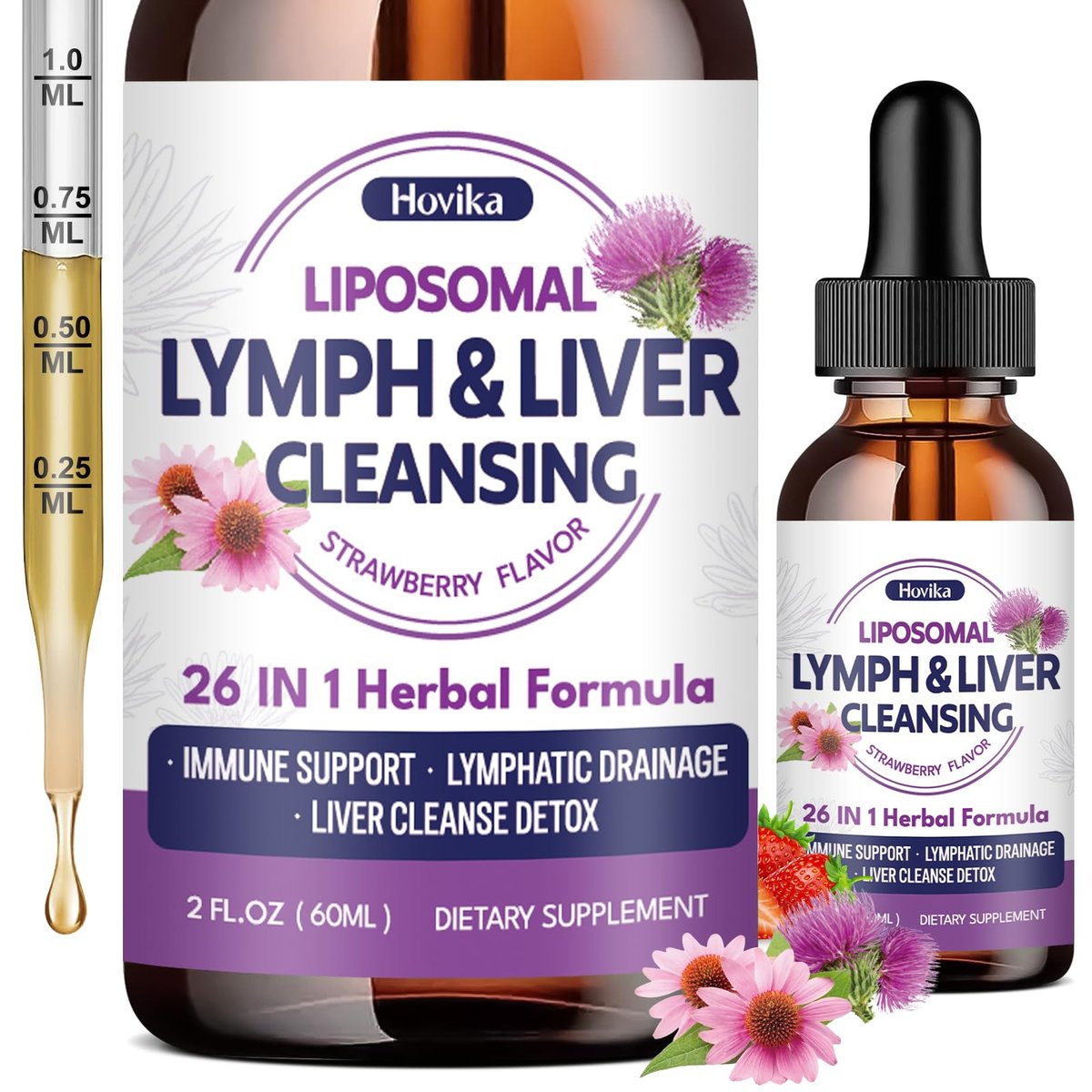 Liposomale Lymphdrainage-Tropfen, 26-in-1 Leberreinigung & Entgiftung mit Mariendistel, Echinacea, Glutathion, Vitaminen – Lymph-Leber-Kur für Darm- und Stoffwechselgesundheit – Erdbeergeschmack, 60 ml