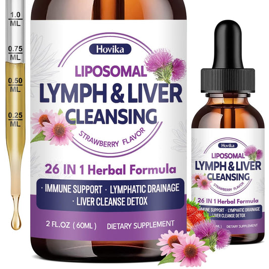 Liposomale Lymphdrainage-Tropfen, 26-in-1 Leberreinigung & Entgiftung mit Mariendistel, Echinacea, Glutathion, Vitaminen – Lymph-Leber-Kur für Darm- und Stoffwechselgesundheit – Erdbeergeschmack, 60 ml