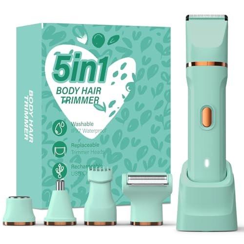 HOHOLE 5-in-1 Bikini Trimmer für Frauen, IPX7 wasserdichter elektrischer Rasierer, kabelloser Körperhaarentferner, Gesichts- & Bikinihaarentfernung, Keramikklinge (Reines Grün)