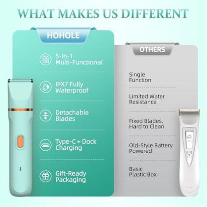 HOHOLE 5-in-1 Bikini Trimmer für Frauen, IPX7 wasserdichter elektrischer Rasierer, kabelloser Körperhaarentferner, Gesichts- & Bikinihaarentfernung, Keramikklinge (Reines Grün)