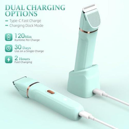 HOHOLE 5-in-1 Bikini Trimmer für Frauen, IPX7 wasserdichter elektrischer Rasierer, kabelloser Körperhaarentferner, Gesichts- & Bikinihaarentfernung, Keramikklinge (Reines Grün)