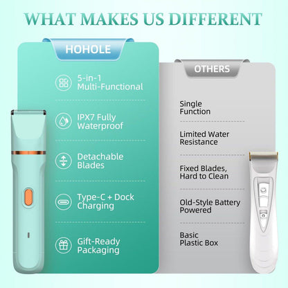HOHOLE 5-in-1 Bikini Trimmer für Frauen, IPX7 wasserdichter elektrischer Rasierer, kabelloser Körperhaarentferner, Gesichts- & Bikinihaarentfernung, Keramikklinge (Reines Grün)