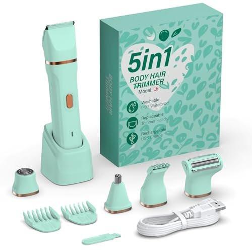 HOHOLE 5-in-1 Bikini Trimmer für Frauen, IPX7 wasserdichter elektrischer Rasierer, kabelloser Körperhaarentferner, Gesichts- & Bikinihaarentfernung, Keramikklinge (Reines Grün)