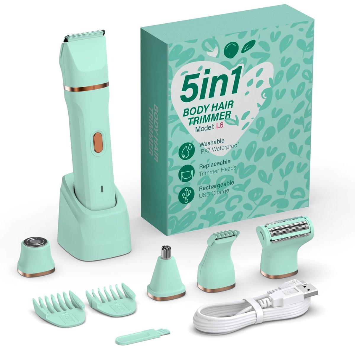 HOHOLE 5-in-1 Bikini Trimmer für Frauen, IPX7 wasserdichter elektrischer Rasierer, kabelloser Körperhaarentferner, Gesichts- & Bikinihaarentfernung, Keramikklinge (Reines Grün)