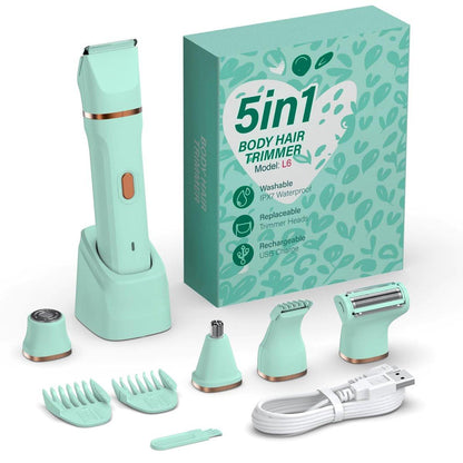 HOHOLE 5-in-1 Bikini Trimmer für Frauen, IPX7 wasserdichter elektrischer Rasierer, kabelloser Körperhaarentferner, Gesichts- & Bikinihaarentfernung, Keramikklinge (Reines Grün)