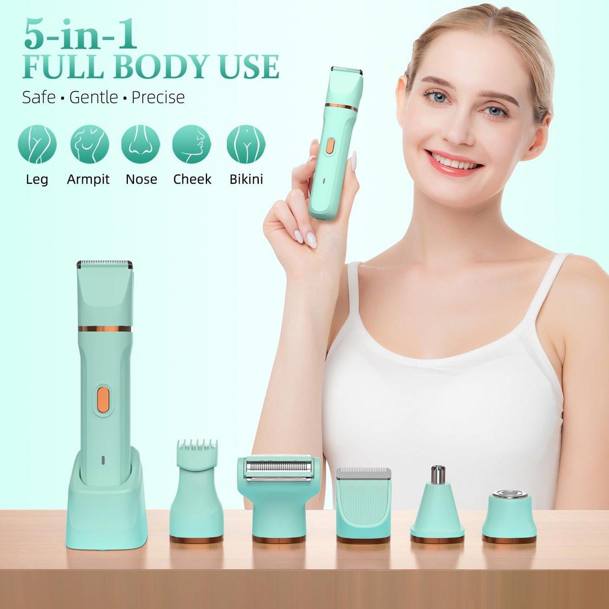 HOHOLE 5-in-1 Bikini Trimmer für Frauen, IPX7 wasserdichter elektrischer Rasierer, kabelloser Körperhaarentferner, Gesichts- & Bikinihaarentfernung, Keramikklinge (Reines Grün)