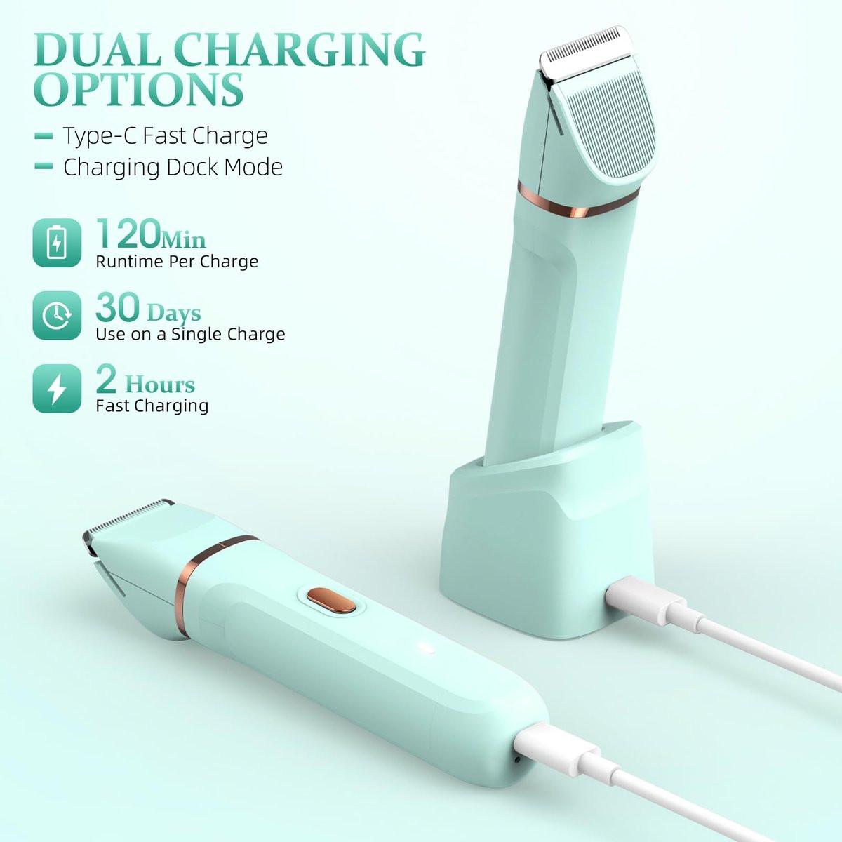 HOHOLE 5-in-1 Bikini Trimmer für Frauen, IPX7 wasserdichter elektrischer Rasierer, kabelloser Körperhaarentferner, Gesichts- & Bikinihaarentfernung, Keramikklinge (Reines Grün)