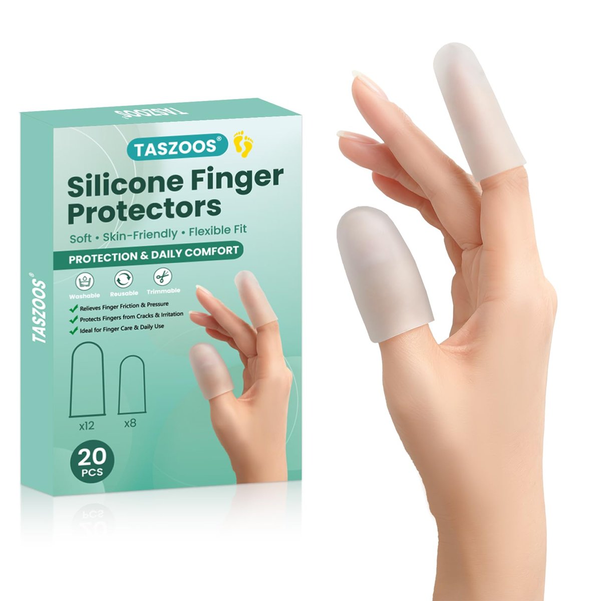 TASZOOS Gel-Fingerlinge & Fingerschutzhüllen – 20 Stück Silikon-Fingerschutz für Fingerspitzen- und Daumenunterstützung – Wiederverwendbare Gummi-Spitzen gegen Triggerfinger, Arthritis, Blasen & Schmerzlinderung