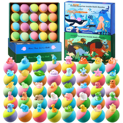 40 Stück Badebomben mit Überraschung im Inneren – Ozean- und Dschungeltier-Spielzeug-Set für Kinder – Natürliche, kindersichere Inhaltsstoffe – Reisefreundliche Badebomben für Jungen und Mädchen – Ideal für Geburtstage, Weihnachten und Ostern