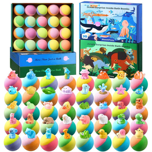 40 Stück Badebomben mit Überraschung im Inneren – Ozean- und Dschungeltier-Spielzeug-Set für Kinder – Natürliche, kindersichere Inhaltsstoffe – Reisefreundliche Badebomben für Jungen und Mädchen – Ideal für Geburtstage, Weihnachten und Ostern