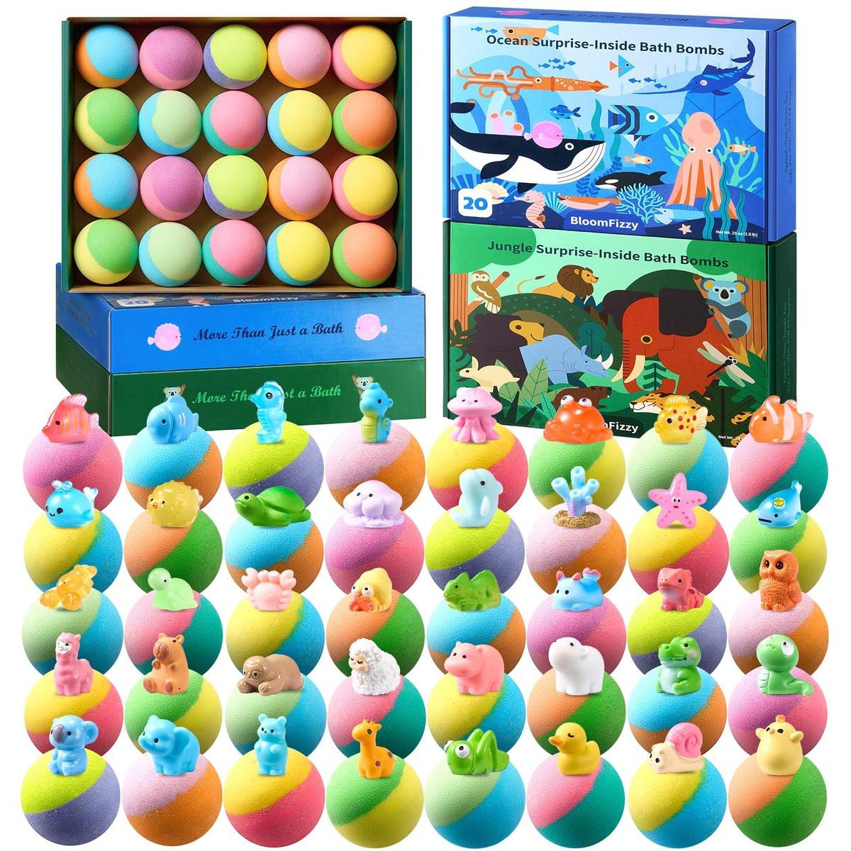 40 Stück Badebomben mit Überraschung im Inneren – Ozean- und Dschungeltier-Spielzeug-Set für Kinder – Natürliche, kindersichere Inhaltsstoffe – Reisefreundliche Badebomben für Jungen und Mädchen – Ideal für Geburtstage, Weihnachten und Ostern