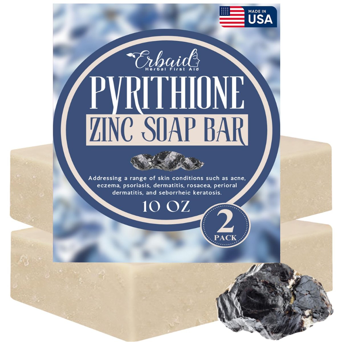 Erbaid Pyrithione Zinc Seifenbar für Gesicht & Körper, 113 g | 2% ZnP Bar Seife Hautreparatur Reiniger bei Akne, Rosacea, Ekzemen, Dermatitis, Psoriasis, Juckreiz | Reinigende, beruhigende Zink-Gesichtswäsche hergestellt in USA