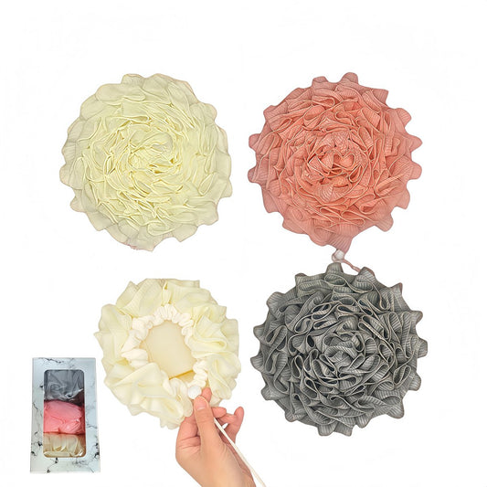 3-teiliges Bade-Loofah-Set mit doppelseitigem Duschpuff – Inklusive Seifentasche, Aufhängeseil und Geschenkbox – Loofah für Frauen und Männer – Duschschwamm für den Körper mit reichhaltigem Schaum (Beige & Pink & Grau)