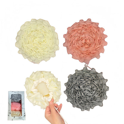 3-teiliges Bade-Loofah-Set mit doppelseitigem Duschpuff – Inklusive Seifentasche, Aufhängeseil und Geschenkbox – Loofah für Frauen und Männer – Duschschwamm für den Körper mit reichhaltigem Schaum (Beige & Pink & Grau)