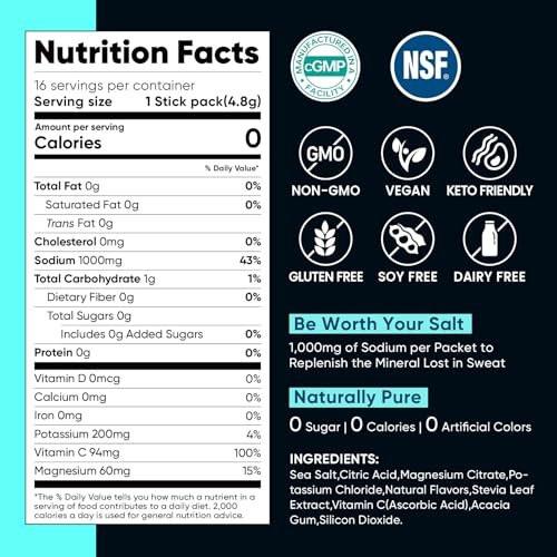 Venture Pal High Sodium Electrolyte Powder Packets | Zuckerfreies Hydrationsgetränk mit Natrium, Kalium, Magnesium & Vitaminen | Null Kalorien | Keto, Vegan & Paleo freundlich | 16 Sticks