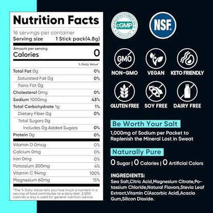 Venture Pal High Sodium Electrolyte Powder Packets | Zuckerfreies Hydrationsgetränk mit Natrium, Kalium, Magnesium & Vitaminen | Null Kalorien | Keto, Vegan & Paleo freundlich | 16 Sticks