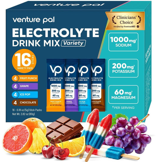 Venture Pal High Sodium Electrolyte Powder Packets | Zuckerfreies Hydrationsgetränk mit Natrium, Kalium, Magnesium & Vitaminen | Null Kalorien | Keto, Vegan & Paleo freundlich | 16 Sticks