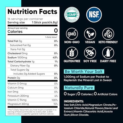 Venture Pal High Sodium Zuckerfreie Elektrolyte Pulver Beutel - Null Kalorien Hydrationspackungen mit Vitaminen, Natrium, Kalium & Magnesium, Elektrolyt-Getränkemix, Vegan, Keto-freundlich, 30 Portionen