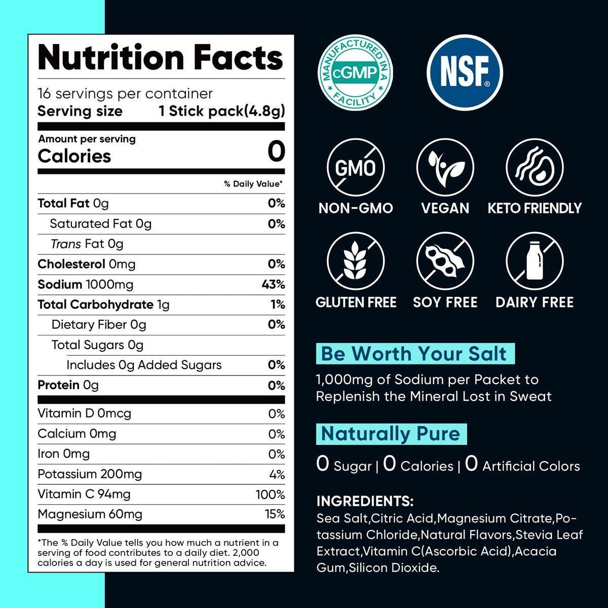 Venture Pal High Sodium Electrolyte Powder Packets | Zuckerfreies Hydrationsgetränk mit Natrium, Kalium, Magnesium & Vitaminen | Null Kalorien | Keto, Vegan & Paleo freundlich | 16 Sticks