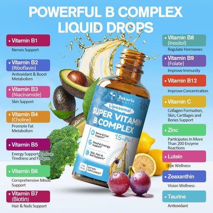 15-in-1 Liposomales Vitamin B Komplex Pro – Zuckerfreie B-Komplex Tropfen mit B1, B2, B3 Niacinamid, Cholin, B5, B6, B7 Biotin, Inositol, Folat, B12, Zink, Lutein, Zeaxanthin, Taurin & Vitamin C, 60 ml