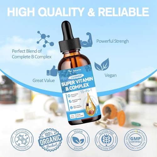 15-in-1 Liposomales Vitamin B Komplex Pro – Zuckerfreie B-Komplex Tropfen mit B1, B2, B3 Niacinamid, Cholin, B5, B6, B7 Biotin, Inositol, Folat, B12, Zink, Lutein, Zeaxanthin, Taurin & Vitamin C, 60 ml