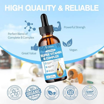15-in-1 Liposomales Vitamin B Komplex Pro – Zuckerfreie B-Komplex Tropfen mit B1, B2, B3 Niacinamid, Cholin, B5, B6, B7 Biotin, Inositol, Folat, B12, Zink, Lutein, Zeaxanthin, Taurin & Vitamin C, 60 ml