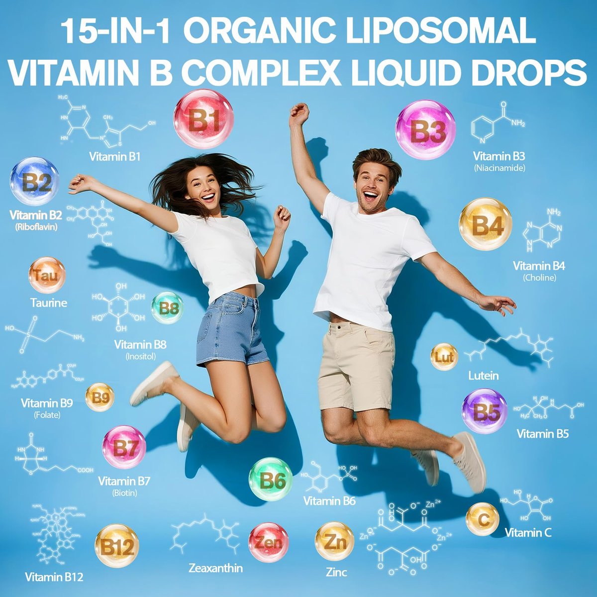 15-in-1 Liposomales Vitamin B Komplex Pro – Zuckerfreie B-Komplex Tropfen mit B1, B2, B3 Niacinamid, Cholin, B5, B6, B7 Biotin, Inositol, Folat, B12, Zink, Lutein, Zeaxanthin, Taurin & Vitamin C, 60 ml