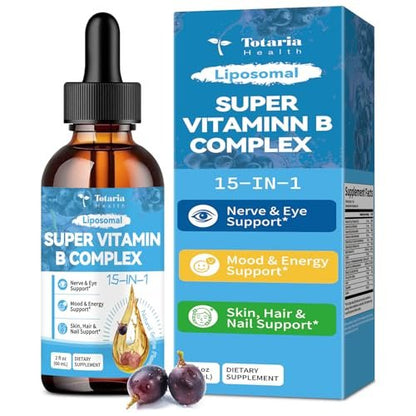 15-in-1 Liposomales Vitamin B Komplex Pro – Zuckerfreie B-Komplex Tropfen mit B1, B2, B3 Niacinamid, Cholin, B5, B6, B7 Biotin, Inositol, Folat, B12, Zink, Lutein, Zeaxanthin, Taurin & Vitamin C, 60 ml