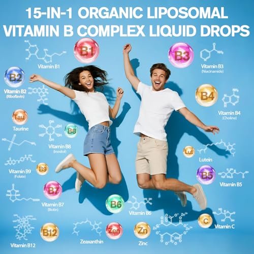 15-in-1 Liposomales Vitamin B Komplex Pro – Zuckerfreie B-Komplex Tropfen mit B1, B2, B3 Niacinamid, Cholin, B5, B6, B7 Biotin, Inositol, Folat, B12, Zink, Lutein, Zeaxanthin, Taurin & Vitamin C, 60 ml