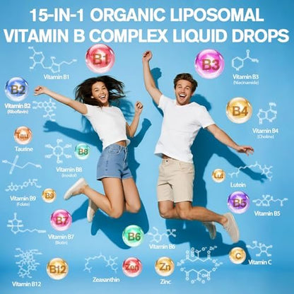 15-in-1 Liposomales Vitamin B Komplex Pro – Zuckerfreie B-Komplex Tropfen mit B1, B2, B3 Niacinamid, Cholin, B5, B6, B7 Biotin, Inositol, Folat, B12, Zink, Lutein, Zeaxanthin, Taurin & Vitamin C, 60 ml