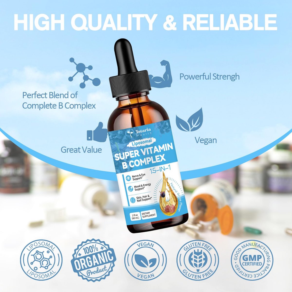 15-in-1 Liposomales Vitamin B Komplex Pro – Zuckerfreie B-Komplex Tropfen mit B1, B2, B3 Niacinamid, Cholin, B5, B6, B7 Biotin, Inositol, Folat, B12, Zink, Lutein, Zeaxanthin, Taurin & Vitamin C, 60 ml