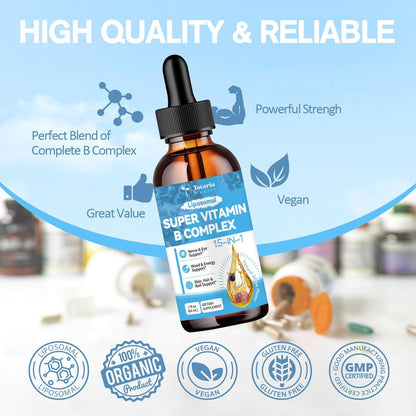 15-in-1 Liposomales Vitamin B Komplex Pro – Zuckerfreie B-Komplex Tropfen mit B1, B2, B3 Niacinamid, Cholin, B5, B6, B7 Biotin, Inositol, Folat, B12, Zink, Lutein, Zeaxanthin, Taurin & Vitamin C, 60 ml