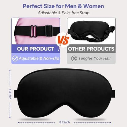 Seiden-Schlafmaske für Männer und Frauen – Blackout-Augenmaske für Seitenschläfer mit verstellbarem Riemen (Schwarz & Pink, 2er-Pack)