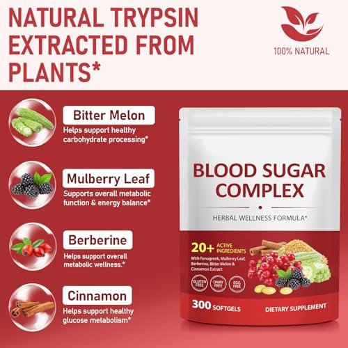 300 Softgels Blut Zucker Komplex Ergänzung | 20+ Aktive Kräuter – Berberin, Ceylon-Zimt, Bittermelone, Maulbeerblatt, Bockshornklee, Vitamine für Energielevel und Vitalität | Saubere Formel