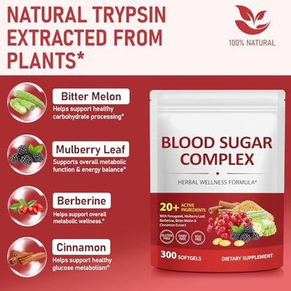 300 Softgels Blut Zucker Komplex Ergänzung | 20+ Aktive Kräuter – Berberin, Ceylon-Zimt, Bittermelone, Maulbeerblatt, Bockshornklee, Vitamine für Energielevel und Vitalität | Saubere Formel