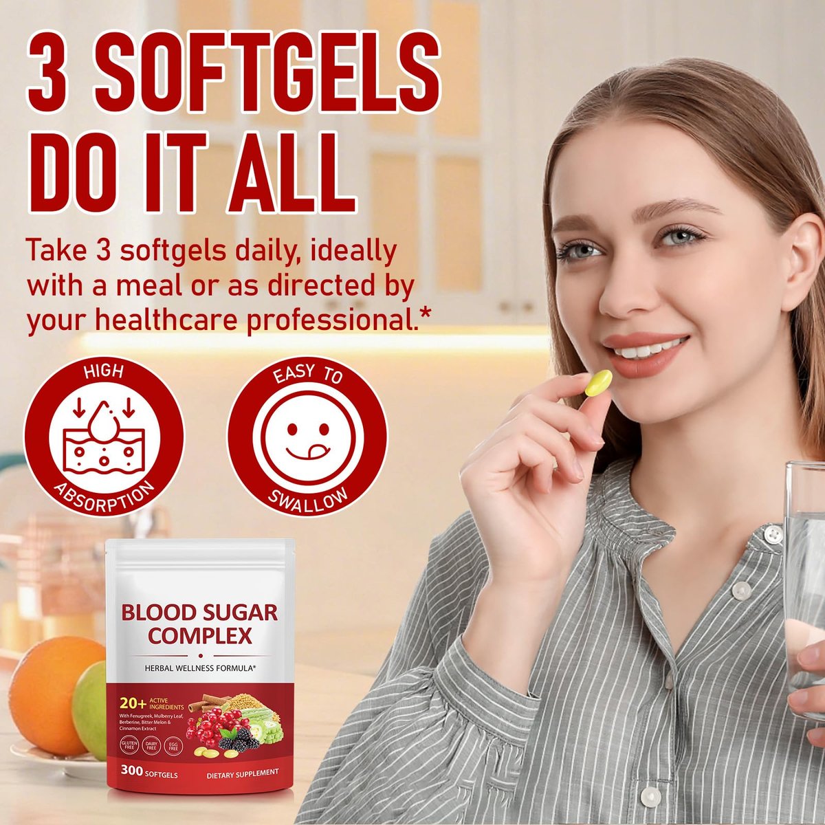 300 Softgels Blut Zucker Komplex Ergänzung | 20+ Aktive Kräuter – Berberin, Ceylon-Zimt, Bittermelone, Maulbeerblatt, Bockshornklee, Vitamine für Energielevel und Vitalität | Saubere Formel