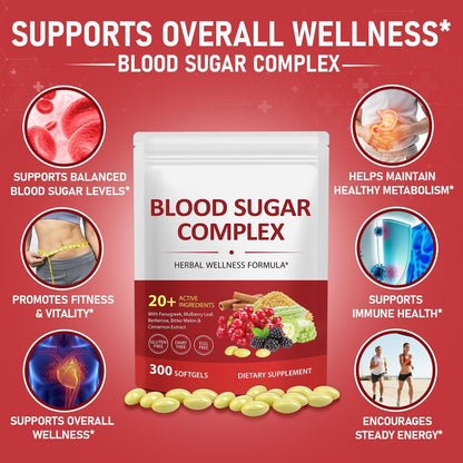 300 Softgels Blut Zucker Komplex Ergänzung | 20+ Aktive Kräuter – Berberin, Ceylon-Zimt, Bittermelone, Maulbeerblatt, Bockshornklee, Vitamine für Energielevel und Vitalität | Saubere Formel