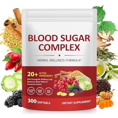 300 Softgels Blut Zucker Komplex Ergänzung | 20+ Aktive Kräuter – Berberin, Ceylon-Zimt, Bittermelone, Maulbeerblatt, Bockshornklee, Vitamine für Energielevel und Vitalität | Saubere Formel