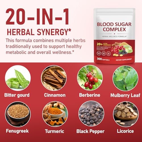 300 Softgels Blut Zucker Komplex Ergänzung | 20+ Aktive Kräuter – Berberin, Ceylon-Zimt, Bittermelone, Maulbeerblatt, Bockshornklee, Vitamine für Energielevel und Vitalität | Saubere Formel