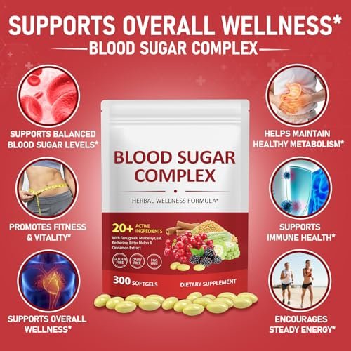 300 Softgels Blut Zucker Komplex Ergänzung | 20+ Aktive Kräuter – Berberin, Ceylon-Zimt, Bittermelone, Maulbeerblatt, Bockshornklee, Vitamine für Energielevel und Vitalität | Saubere Formel