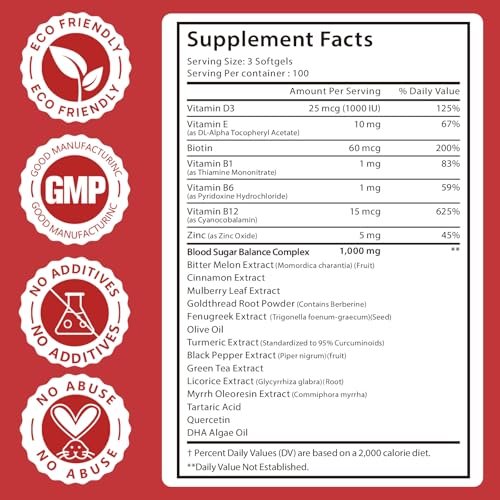 300 Softgels Blut Zucker Komplex Ergänzung | 20+ Aktive Kräuter – Berberin, Ceylon-Zimt, Bittermelone, Maulbeerblatt, Bockshornklee, Vitamine für Energielevel und Vitalität | Saubere Formel