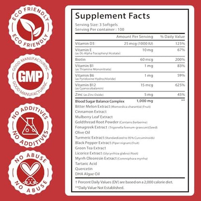300 Softgels Blut Zucker Komplex Ergänzung | 20+ Aktive Kräuter – Berberin, Ceylon-Zimt, Bittermelone, Maulbeerblatt, Bockshornklee, Vitamine für Energielevel und Vitalität | Saubere Formel