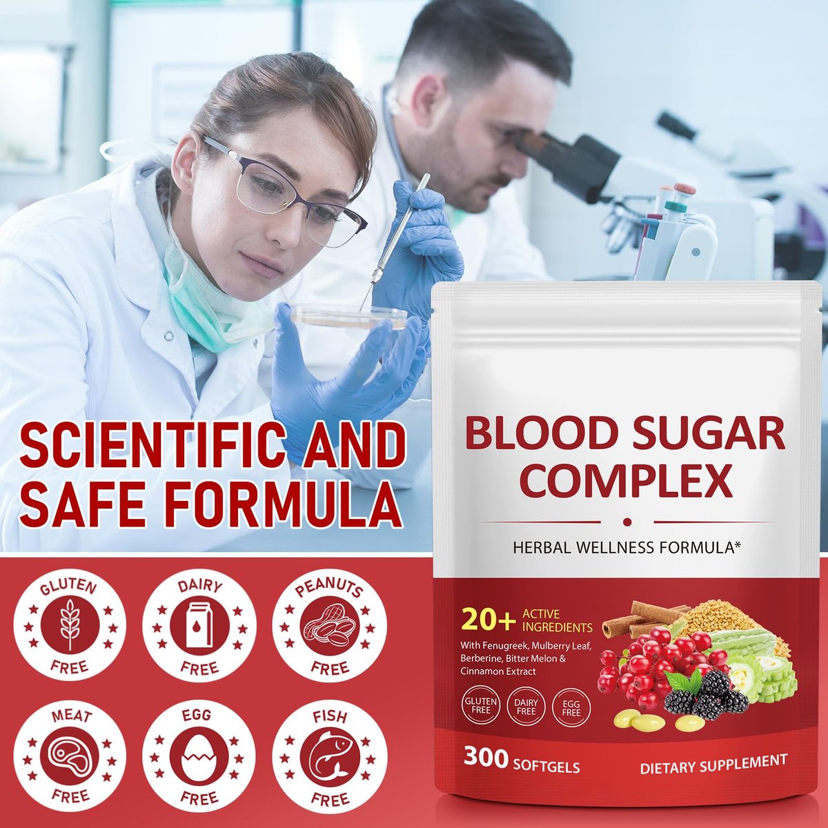 300 Softgels Blut Zucker Komplex Ergänzung | 20+ Aktive Kräuter – Berberin, Ceylon-Zimt, Bittermelone, Maulbeerblatt, Bockshornklee, Vitamine für Energielevel und Vitalität | Saubere Formel