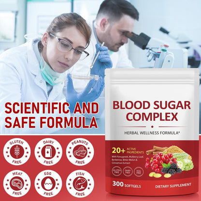 300 Softgels Blut Zucker Komplex Ergänzung | 20+ Aktive Kräuter – Berberin, Ceylon-Zimt, Bittermelone, Maulbeerblatt, Bockshornklee, Vitamine für Energielevel und Vitalität | Saubere Formel