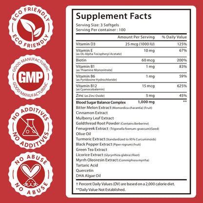 300 Softgels Blut Zucker Komplex Ergänzung | 20+ Aktive Kräuter – Berberin, Ceylon-Zimt, Bittermelone, Maulbeerblatt, Bockshornklee, Vitamine für Energielevel und Vitalität | Saubere Formel