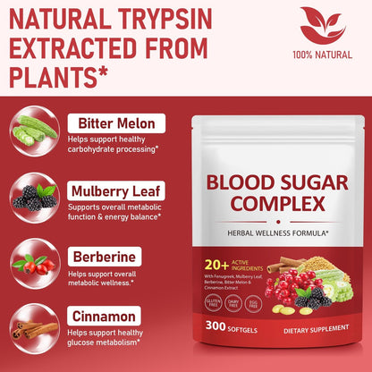 300 Softgels Blut Zucker Komplex Ergänzung | 20+ Aktive Kräuter – Berberin, Ceylon-Zimt, Bittermelone, Maulbeerblatt, Bockshornklee, Vitamine für Energielevel und Vitalität | Saubere Formel
