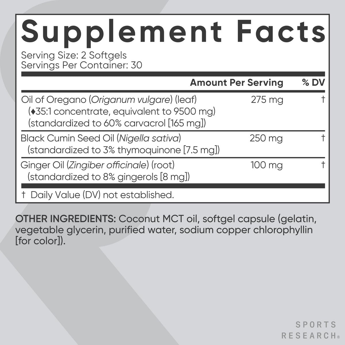 Sports Research® Oreganoöl 9500 mg mit Schwarzkümmelöl & Kokos-MCT-Öl - Antioxidantien-Kombination mit Thymochinon & Carvacrol - Glutenfrei · Nicht-GVO - 60 Softgels
