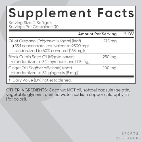 Sports Research® Oreganoöl 9500 mg mit Schwarzkümmelöl & Kokos-MCT-Öl - Antioxidantien-Kombination mit Thymochinon & Carvacrol - Glutenfrei · Nicht-GVO - 60 Softgels